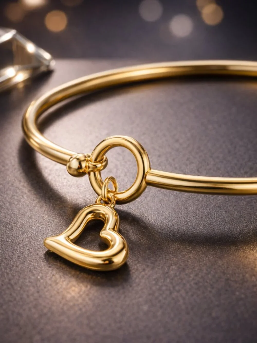 Hollow Heart Charm Bangle Dainty Bracelet 18K Gold Plated 316L Stainless Steel - Picture 8 of 11